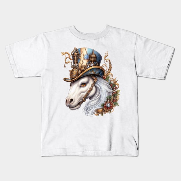 Steampunk Christmas Horse Kids T-Shirt by Chromatic Fusion Studio